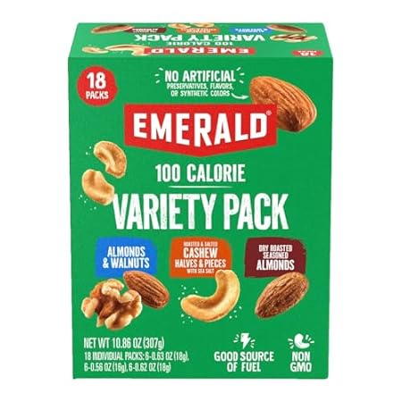 Emerald Nuts Mixed Nuts Variety Pack 18ct (1-Pack) , 100-Calorie Individual Packs , Features Dry Roasted Almonds, Natural Almonds & Walnuts, and Roasted & Salted Cashews