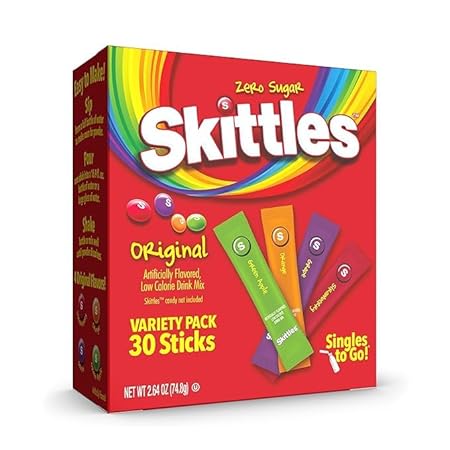 Skittles Singles To Go Variety Pack, Watertok Powdered Drink Mix, Zero Sugar, Low Calorie, Includes 4 Flavors: Green Apple, Strawberry, Grape, Orange, 1 Box (40 Single Servings)