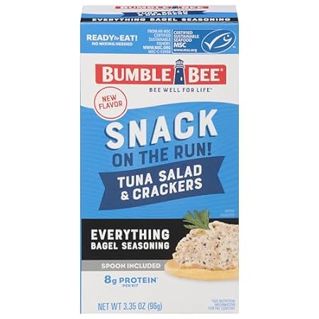 Bumble Bee Snack On The Run Everything Bagel Seasoning Tuna Salad with Crackers Kit - Ready to Eat Protein Snack Pack - 8g Protein per Box - Wild Caught MSC Certified Tuna