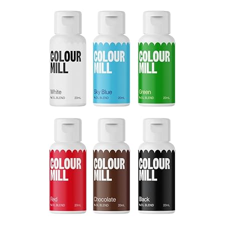 Colour Mill Oil-Based Food Coloring, 20 Milliliter Holiday Pack Each of 6 Colors: White, Sky Blue, Green, Black, Chocolate and Red Holiday Pack, 120.0 milliliters, 4.06 Fl Oz