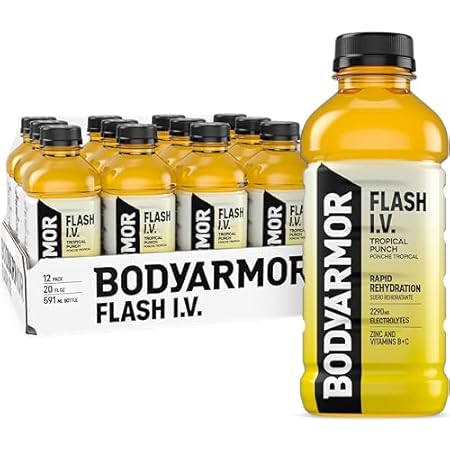 BODYARMOR Flash I.V. Electrolyte Beverage, Tropical Punch, Hydration Drink with Coconut Water For Rapid Rehydration, Post Workout Recovery, 20 Fl Oz (Pack of 12)