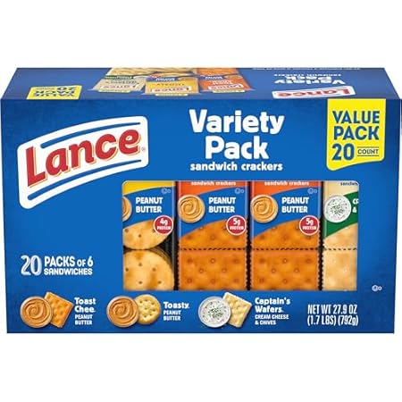Lance Sandwich Crackers, Variety Pack, 3 Flavors, 20 Individually Wrapped Packs, 6 Sandwiches Each