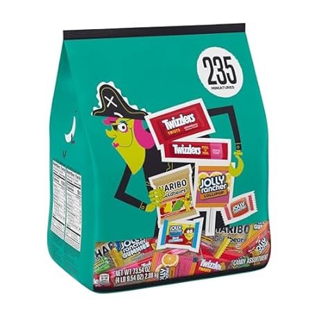 JOLLY RANCHER, HARIBO, and TWIZZLERS Miniatures Assorted Fruit Flavored, Halloween Candy Bulk Bag, 73.54 oz (235 Pieces)