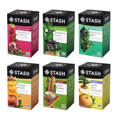 STASH Green Tea Variety Pack – Caffeinated, 6 Boxes of 18-20 Tea Bags Each – Pomegranate Raspberry, Premium Green, Moroccan Mint, Ginger Peach, Chai Green & Asian Pear Harmony