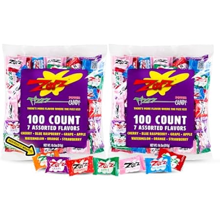 Zotz Fizzy Bulk Candy (Assorted, 200 Units)- Hard Candy Individually Wrapped- Assorted 7 Fruit Flavors, Cherry, Watermelon, Blue Raspberry, Apple, Orange & Grape- From Italy Since 1970