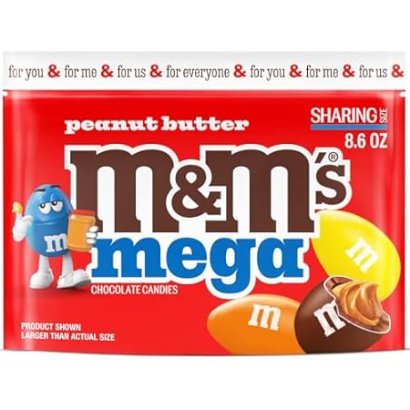 M&M'S Mega Peanut Butter Chocolate Candy, Sharing Size, 8.6 Oz Resealable Bag