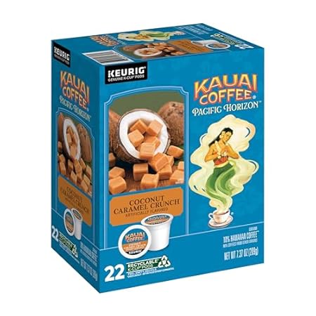 Kauai Coffee K-Cup Pods for Keurig Brewers – Arabica Coffee, 10% Hawaiian – Medium Roast, Nutty Caramel with Tropical Coconut – Coconut Caramel Crunch, 1 Pack of 22 Single Serve K-Cups