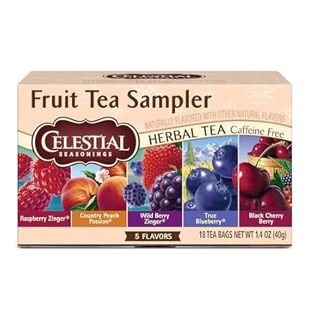 Celestial Seasonings Fruit Tea Sampler Herbal Tea Variety Pack, Caffeine Free, 18 Tea Bags Per Box