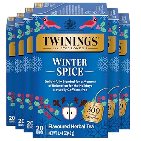Twinings Winter Spice Herbal Tea Individually Wrapped, 20 Count (Pack of 6), Camomile, Apple, Cinnamon, & Clove, Caffeine-Free, Enjoy Hot or Iced, 120 Teabags