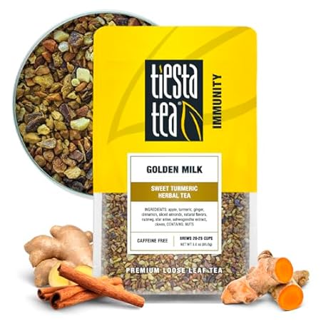 Tiesta Tea - Golden Milk, Loose Leaf, Sweet Turmeric Herbal Tea, Non-Caffeinated Herbal Blend, Makes Hot or Iced Up to 20-25 Cups, 3oz Resealable Pouch