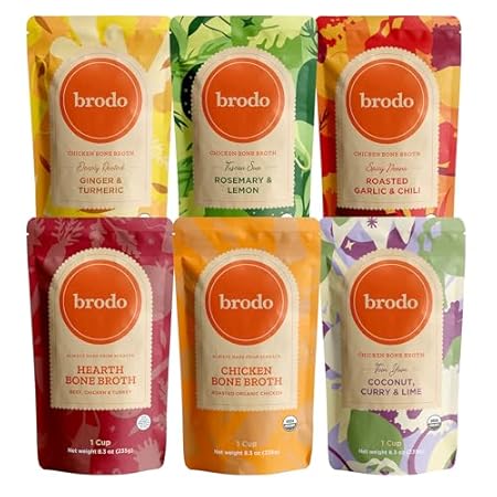 Brodo Broth Variety Pack | 1 Chicken, 1 Hearth, 1 Deeply Rooted, 1 Spicy Nonna, 1 Tom Yum, 1 Tuscan Sun Single Serving Pouches | Not Made From Concentrate, No Preservatives (6x 8.3 oz Pouches)