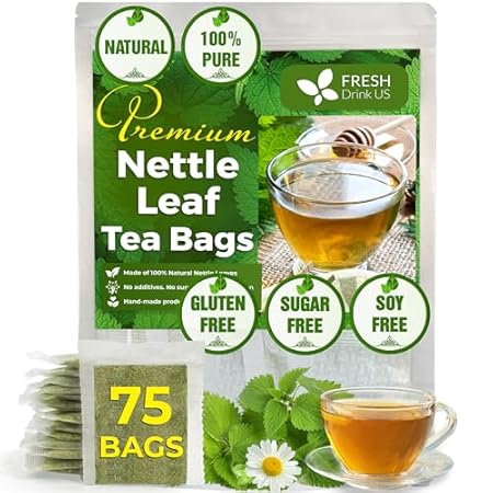 FreshDrinkUS, Premium 75 Nettle Leaf Tea Bags, 100% Natural & Pure from Nettle Leaves. Loose Leaf Nettle Herbal Tea. Nettle Leaf Tea. No Sugar, No Caffeine, No Gluten, Vegan.
