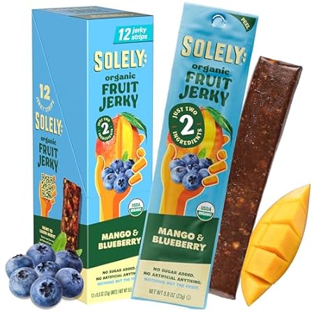 SOLELY - Organic Mango Blueberry Fruit Jerky - 12 Individually Wrapped Strips - Fruit Leather Made from Dried Fruit - Healthy Snacks for Adults & Kids - Non GMO, Vegan Snacks - 0.8oz (23g)