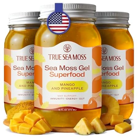 TrueSeaMoss Sea Moss Gel – Made in USA – Wildcrafted Seamoss, Fresh Fruits & Jarred Vegetables – Mango/Pineapple, Pack of 3 (Labels may Vary)