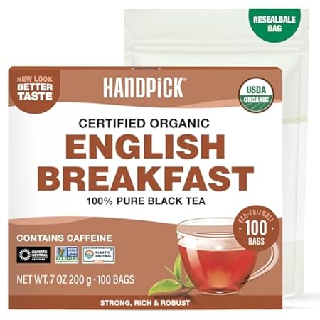 HANDPICK, Organic English Breakfast Black Tea Bags (100 Count) USDA Organic, Non-GMO | Strong, Robust, High-Caffeine Black Tea | Eco-conscious Tea Bags, Brew English Breakfast Tea & Kombucha Tea