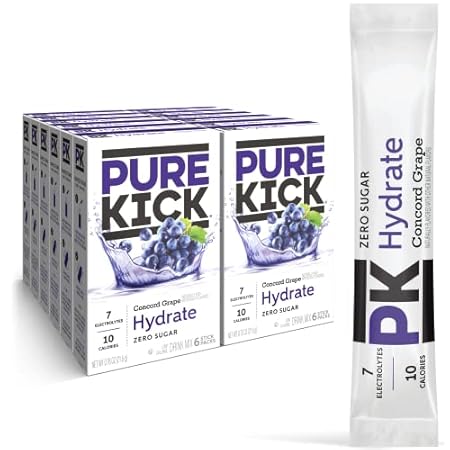 PURE KICK Hydration Singles to Go Drink Mix, Concord Grape, Includes 12 Boxes with 6 Packets in Each Box, 72 Total Packets