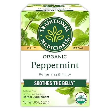Traditional Medicinals Organic, Peppermint Tea - Helps Soothe Belly from Occasional Gas and Bloating - Kosher, Non-GMO, Caffeine-Free, Compostable - 16 Tea Bags