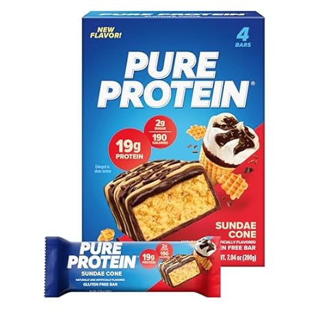 Pure Protein Bars, High Protein, Nutritious Snacks to Support Energy, Low Sugar, Gluten Free, Sundae Cone, 1.76oz, Pack of 4