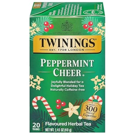Twinings Peppermint Cheer Herbal Tea Individually Wrapped Bags, 20 Count (Pack of 1), Peppermint & Vanilla, Naturally Caffeine-Free, Enjoy Hot or Iced, 20 Teabags