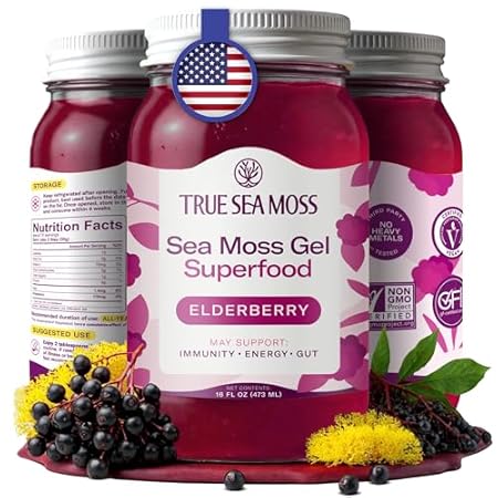 TrueSeaMoss Sea Moss Gel – Made in USA – Wildcrafted Seamoss, Fresh Fruits & Jarred Vegetables – Elderberry, Pack of 1 (Labels may Vary)