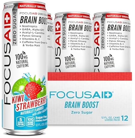 FOCUSAID ZERO SUGAR Nootropics Blend, Alpha-GPC, GABA, 100mg Natural Caffeine from Green Tea, Yerba Mate, Vitamin B-Complex, Keto-Friendly, No Artificial Sweeteners, 12 Fl Oz (Pack of 12)