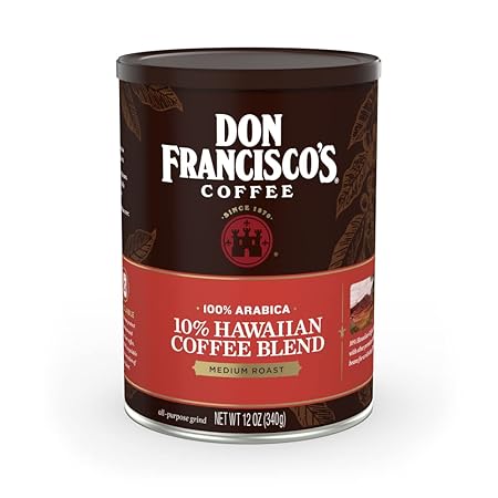 Don Francisco's Premium Hawaiian Blend Ground Coffee, 10% Hawaiian, Rich Flavor, Floral Aroma, Fruity Notes, 12 oz Recyclable Can