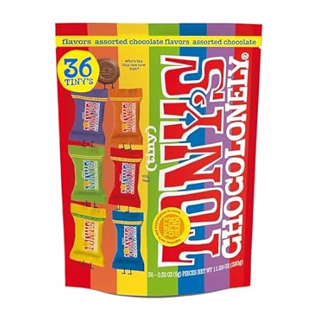 Tony’s Chocolonely Assorted Chocolate Candy Pieces, Belgian Milk & Dark Chocolate, Caramel Sea Salt, Almond Sea Salt, Honey Almond Nougat, Pretzel Toffee, Quality Fairtrade Cocoa, 36 Count, 11.28 Oz