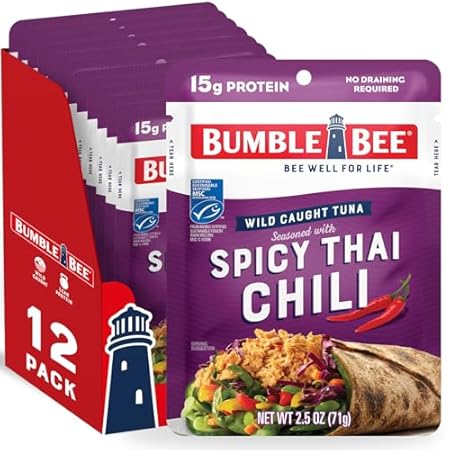 Bumble Bee Spicy Thai Chili Seasoned Tuna, 2.5 oz Pouches (Pack of 12) - Ready to Eat - Wild Caught Tuna Packet - 15g Protein per Serving - Gluten Free