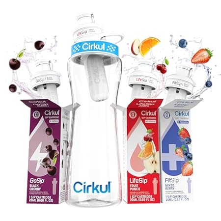 Cirkul 22oz. BPA-Free Plastic Water Bottle Starter Kit with Blue Lid, 3 Flavor Cartridges (1 LifeSip Fruit Punch, 1 FitSip Mixed Berry, 1 GoSip Black Cherry) Zero Calories and No Sugar