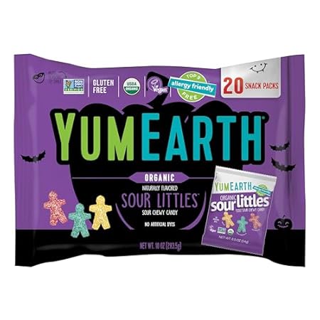 YumEarth Organic Halloween Candy, Allergy Friendly, Gluten Free, Non-GMO, Vegan, No Artificial Flavors or Dyes (20 Count (Pack of 1), Sour Littles)