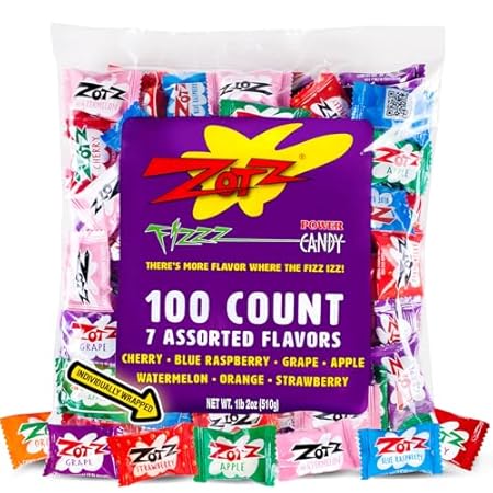 Zotz Fizzy Bulk Candy (Assorted, 100 Units)- Hard Candy Individually Wrapped- Assorted 7 Fruit Flavors, Cherry, Watermelon, Strawberry, Blue Raspberry, Apple, Orange & Grape- From Italy Since 1970