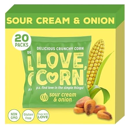 LOVE CORN Sour Cream & Onion 0.7oz x 20 Bags - Delicious Crunchy Corn - Healthy Family Snacks - Gluten Free, Kosher, NON-GMO - Alternative for Chips, Nuts, Crackers & Pretzels - Perfect for Charcuterie Boards