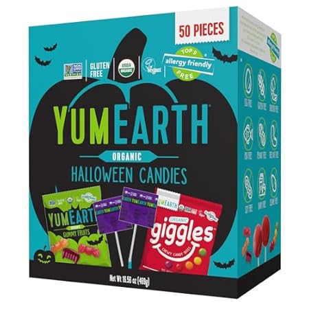 YumEarth Organic Halloween Candy, Allergy Friendly, Gluten Free, Non-GMO, Vegan, No Artificial Flavors or Dyes (50 Count (Pack of 1), Variety Box)