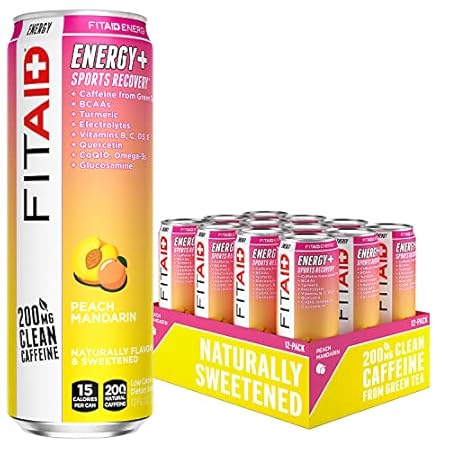 FITAID ENERGY, 200mg Natural Caffeine, Keto, Peach Mandarin, Optimum Performance Formula: BCAAs, Quercetin, Electrolytes, Omega-3s, 15 calories, Paleo, Vegan & Gluten-Free,12 Fl Oz (Pack of 12)