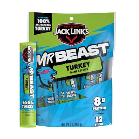Jack Link’s x MrBeast Turkey Mini Sticks – 8g Protein per Serving, Individually Wrapped Meat Sticks, Made with 100% All Natural Turkey, Zero Sugar, Pantry-Ready, Kids Snacks, 0.5oz (12 Count)