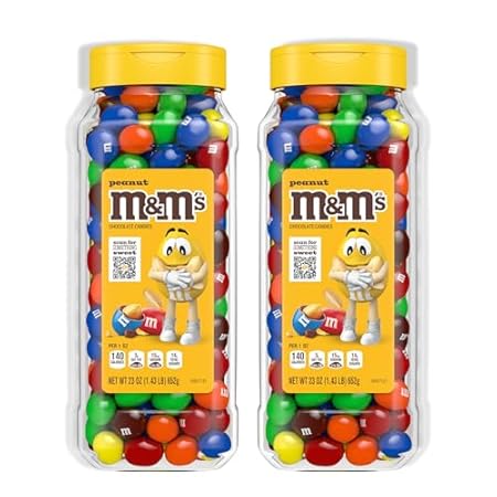M&M’S Peanut Candy Jars, Assorted Chocolate Candies, Party Size Bulk, Movie Night Treats, Bulk Chocolate Candy, Buffet Chocolates, Resealable and Recyclable, 23 Oz Each, Pack of 2