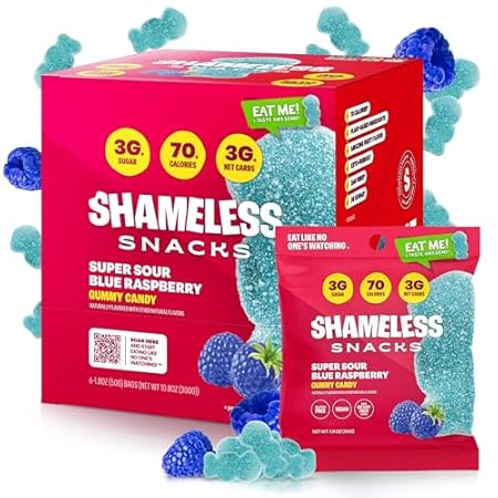 Shameless Snacks - Healthy Low Calorie Snacks, Low Carb Keto Gummies (Gluten Free Candy) - 6 Pack Sour Blue Raspberry