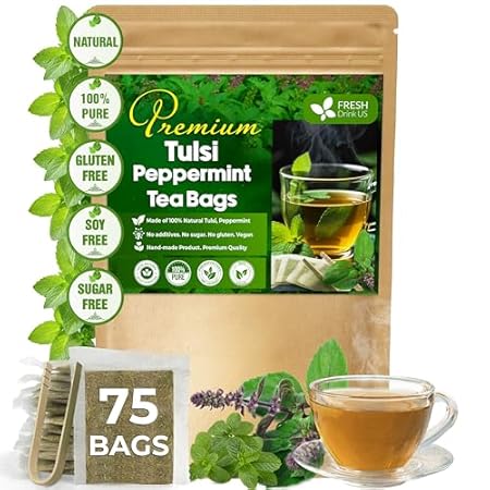 FreshDrinkUS, Premium Tulsi Peppermint Herbal Tea – 75 Tea Bags, 100% Natural, Blend of Tulsi Holy Basil Leaves, and Peppermint Leaves. Made with Natural Material Tea Bags. No Sugar, Vegan.