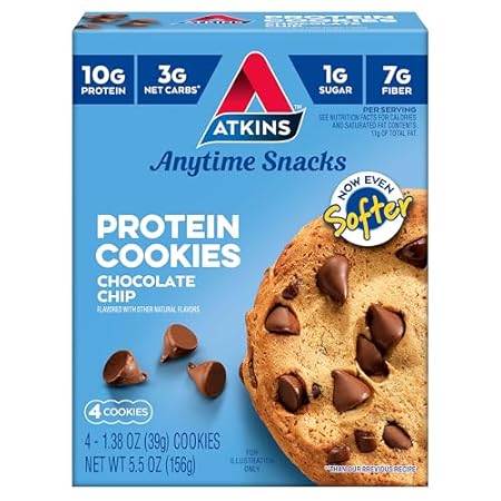 Atkins Chocolate Chip Protein Cookie, Protein Dessert, Rich in Fiber, 3g Net Carb, 1g Sugar, Keto Friendly, 4 Count