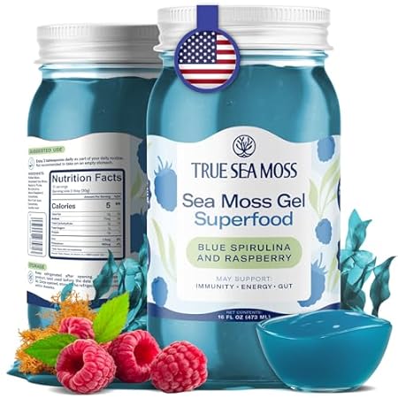 TrueSeaMoss Sea Moss Gel – Made in USA – Wildcrafted Seamoss, Fresh Fruits & Sea Vegetables – Blue Spirulina, Pack of 1 (Labels may Vary)
