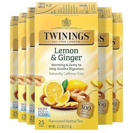 Twinings Lemon & Ginger Herbal Tea Individually Wrapped Bags, 25 Count (Pack of 6), Spicy Ginger, Lemon Peel, & Lemongrass, Naturally Caffeine-Free, Enjoy Hot or Iced, 150 Teabags