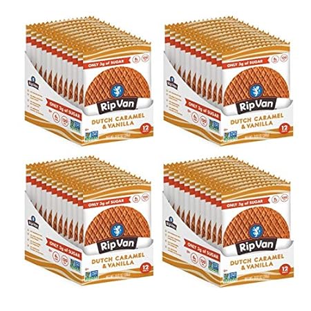 Rip Van Wafels Dutch Caramel & Vanilla Stroopwafels - Healthy Snacks - Non GMO- Keto Friendly - Office Snacks - Low Sugar (3g) - Low Calorie- 48 Pack
