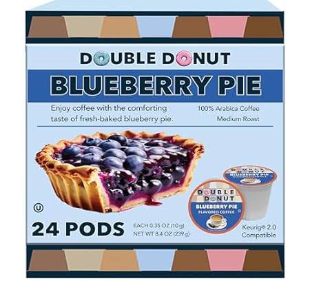 Double Donut Blueberry Coffee Pods, Single Serve Blueberry Flavored Coffee Pods, Medium Roast Coffee for Keurig K Cups Brewers, 24 Count