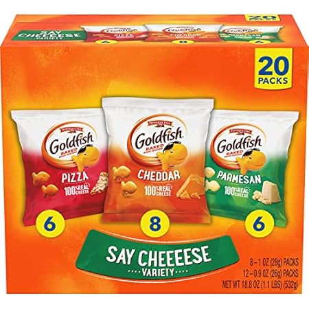 Goldfish Crackers Say Cheeeese Variety Pack with Cheddar, Pizza and Parmesan, Snack Packs, 20 Ct