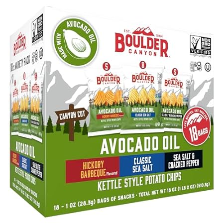 Boulder Canyon Avocado Oil Kettle Style Potato Chips Variety Pack, 18 Count - Gluten-Free, Non-GMO, Hickory Barbecue, Classic Sea Salt, Sea Salt & Cracked Pepper (1 oz Bags)