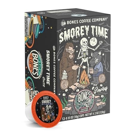 Bones Coffee Company Flavored Coffee Bones Cups S'morey Time S'mores and Graham Crackers | 12ct Single-Serve Coffee Pods Compatible with Keurig 1.0 & 2.0 Keurig Coffee Maker