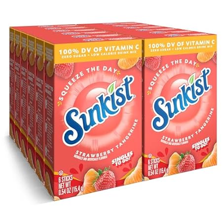 Sunkist Singles to go Drink Mix Packets, Strawberry Tangerine, 6-Count Box – Powdered Drink Packets with Vitamin C, 72 Total Powder Sticks