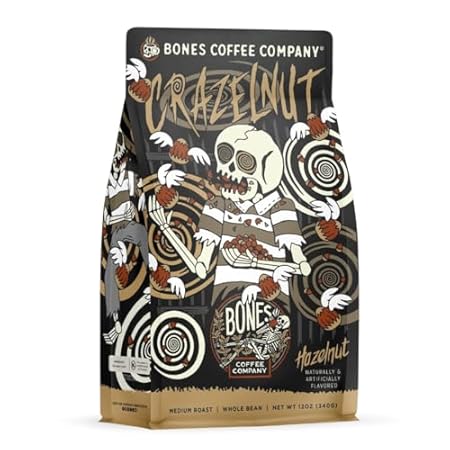 Bones Coffee Company Crazelnut, Hazelnut Flavored Coffee, Medium Roast Low Acid Arabica Beans Compatible with Auto drip and French Press Coffee Maker, 12 Oz Whole Bean