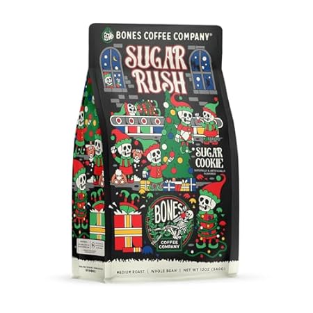 Bones Coffee Company Sugar Rush, Sugar Cookies Flavored Coffee, Medium Roast Low Acid Arabica Beans Compatible with Auto drip and French Press Coffee Maker, 12 Oz Whole Bean