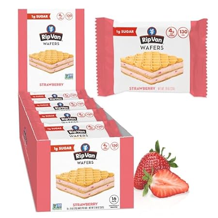 Rip Van Strawberry Keto Wafer Cookies - Healthy Vegan Snacks - Non GMO, Low Sugar (1g), Low Calorie - 16 Count